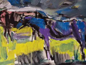 Henk Willemse - Grote, in 1984 gemaakte gemengde techniek (oa plakaatverf) "paarden in wei" kopen? Bied vanaf 149!