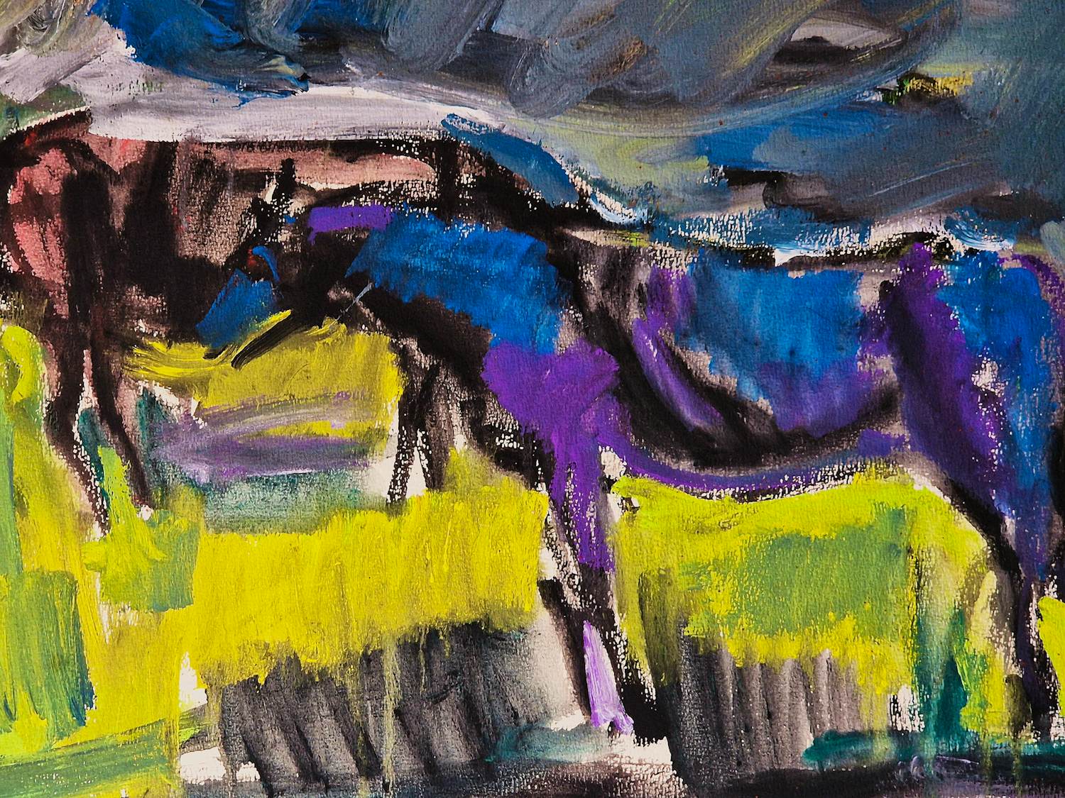 Henk Willemse - Grote, in 1984 gemaakte gemengde techniek (oa plakaatverf) "paarden in wei" kopen? Bied vanaf 149!