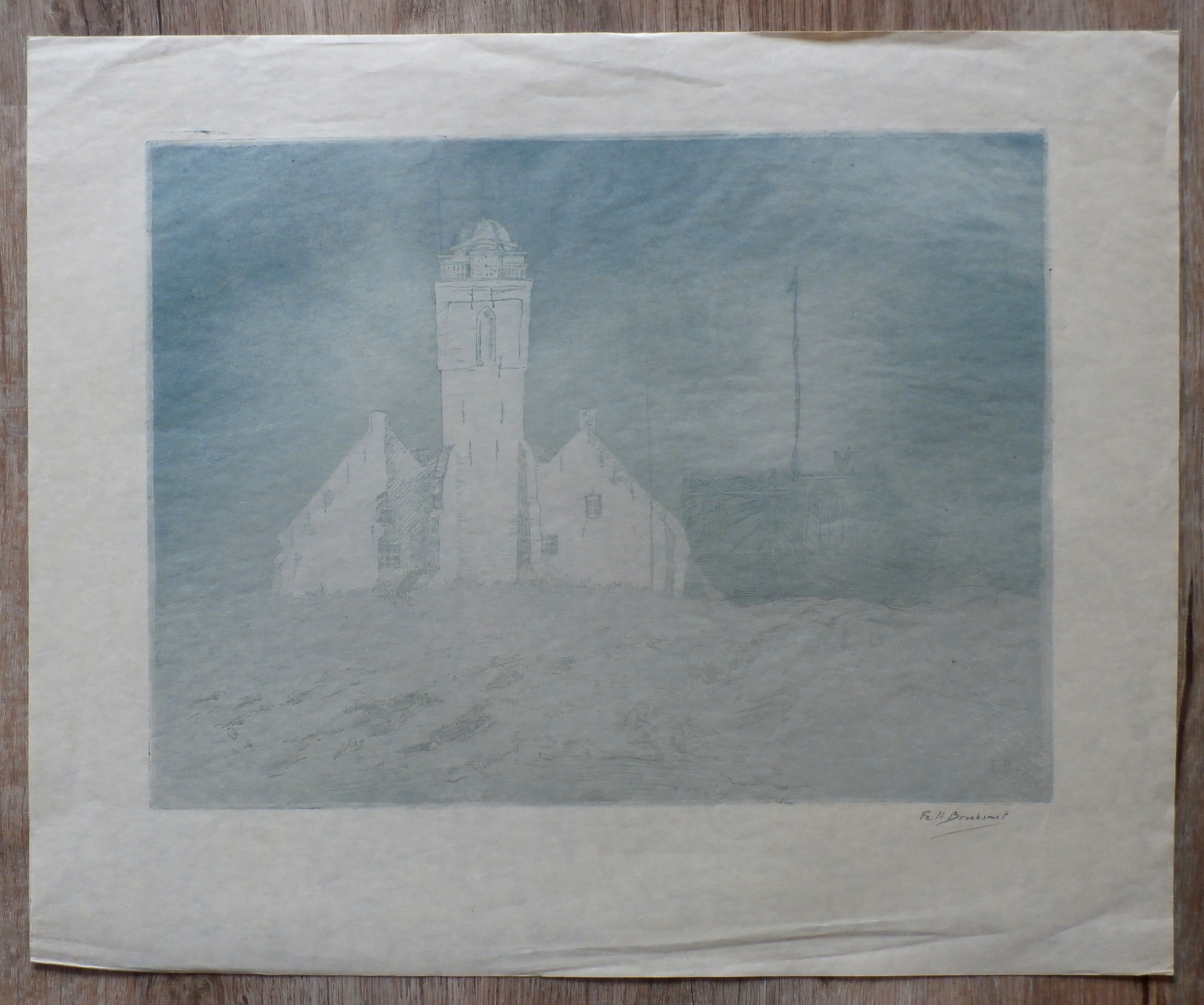 Frederika Broeksmit - ets: vuurtoren en vissersboot, Katwijk aan zee kopen? Bied vanaf 45!