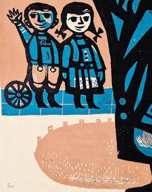 Willem Hoogeveen - leuke naieve kleuren lithografie "man met ezel in stad" zeer kleine oplage kopen? Bied vanaf 38!