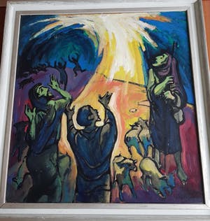 Klaas Pijlman - Olieverf op board, "figuren in het vuur die hogere macht aanbidden" kopen? Bied vanaf 1!