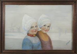 Niet of onleesbaar gesigneerd - Krijttekening, Twee meisjes in Zaanse klederdracht - Ingelijst kopen? Bied vanaf 1!
