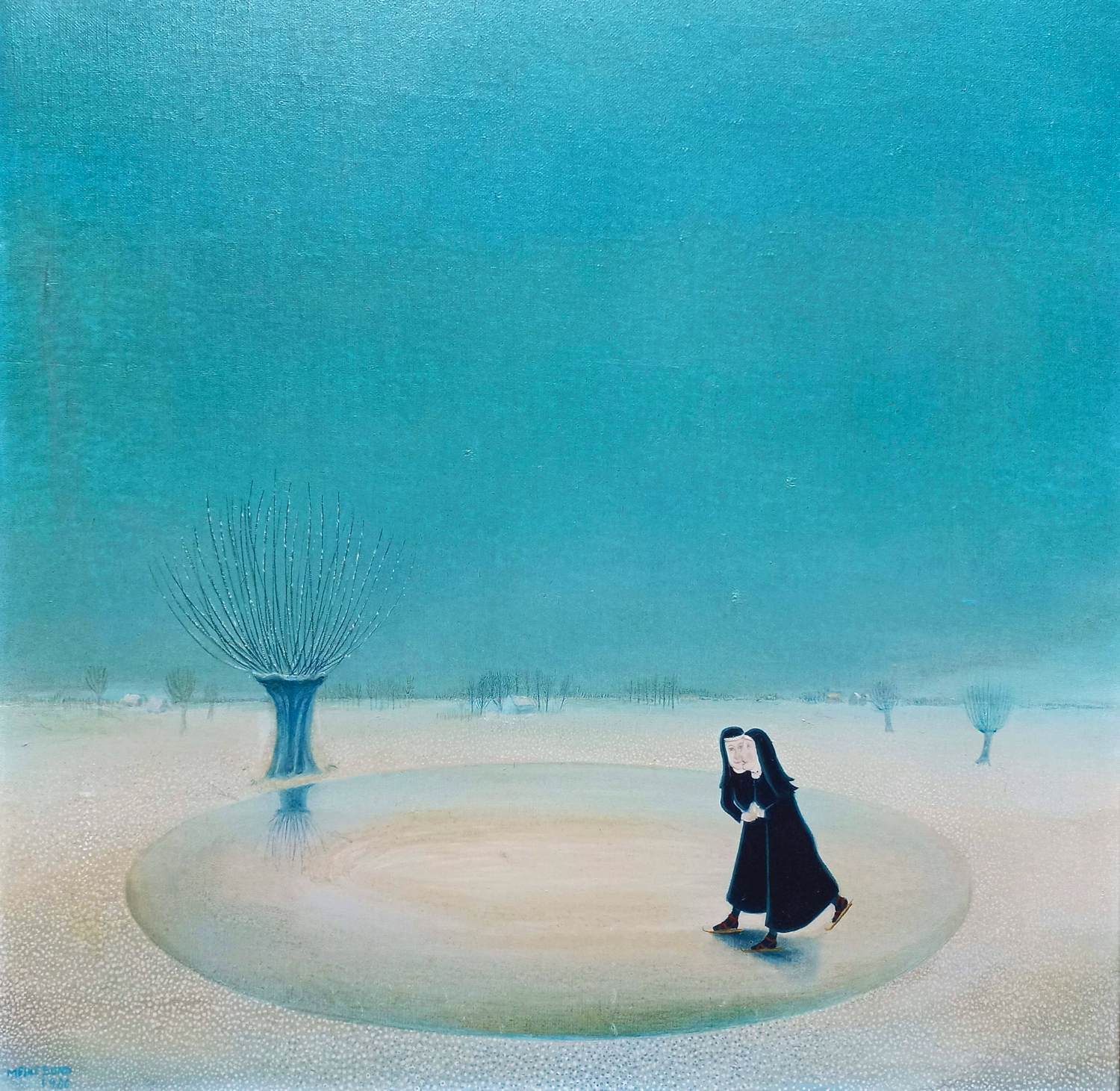 Meike Sund - Schaatsende nonnen, olieverf op doek (netjes ingelijst) kopen? Bied vanaf 225!