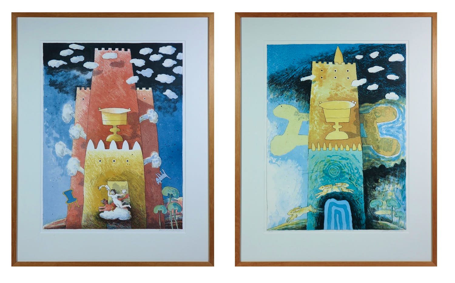 Gert Strengholt - Set van twee litho's, Storm in huis & Vluchten voor hoog water - Ingelijst kopen? Bied vanaf 80!