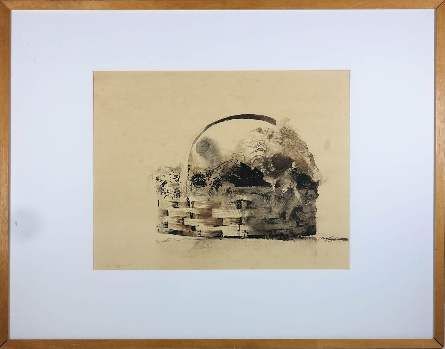 Jose Calsina - Pen/ Aquarel op papier, Mand met gesponnen wol - Ingelijst (Groot) kopen? Bied vanaf 40!