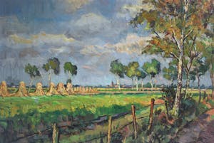 Andries Olthoff - zonnig boerenland - 1944 - groot olieverfschilderij kopen? Bied vanaf 125!