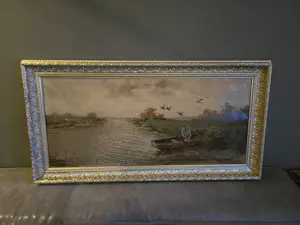 Cornelis Waterman - Water landschap man in boot en opvliegende ganzen kaufen? Bieten Sie von 90!