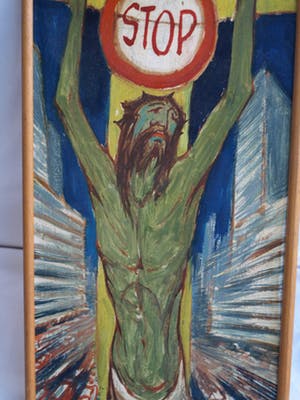 Klaas Pijlman - Olieverf op paneel , Jezus: “STOP” – gesigneerd – ca 1970 kopen? Bied vanaf 50!