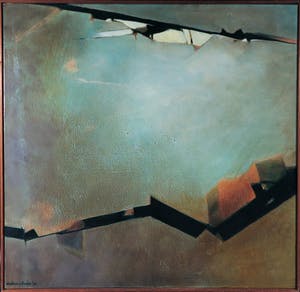 Evelien Scheffer - Acryl op doek, Abstracte compositie met zwarte breuklijnen - Ingelijst (Groot) kopen? Bied vanaf 1!