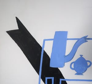 Klaas Gubbels - Acryl op doek, Stilleven met tafel, kan en fles - Ingelijst (Zeer groot!!) kopen? Bied vanaf 6000!