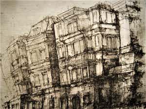 Dirkje Kuik - Bijzonder grote Ets "Utrecht hamburgerbrug en Nieuwe gracht" gesigneerd verkocht voor € 52!