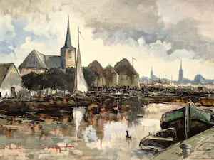 Niet of onleesbaar gesigneerd - Groot olieverf op doek "afgemeerde boten in haven" gesigneerd kopen? Bied vanaf 1!