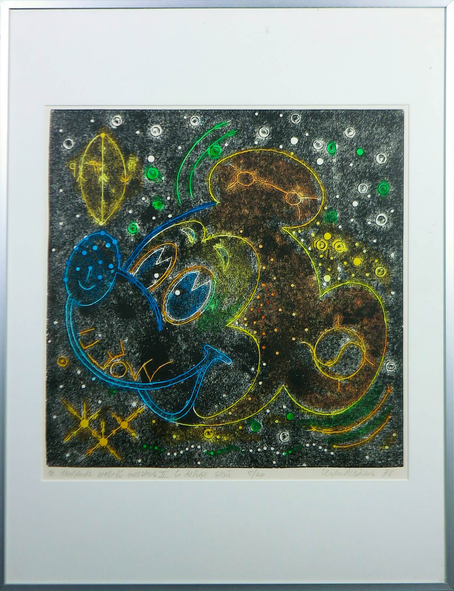 Hubert Leyendeckers - Kleurets op papier, De dansende woe-li-meesters II - Ingelijst kopen? Bied vanaf 45!