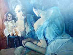 Niet of onleesbaar gesigneerd - jonge vrouw met pop voor spiegel. verkocht voor € 1!