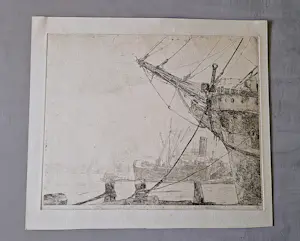 Antoon Derkzen van Angeren - Fraaie ets - Kade met boegspriet en stoomboot - potloodgesigneerd kopen? Bied vanaf 31!