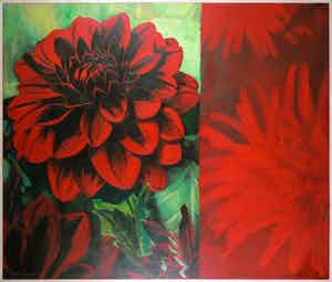 Marieke Thomassen - Acryl op doek, Rode dahlia's - Ingelijst (Zeer groot) verkocht voor € 100!