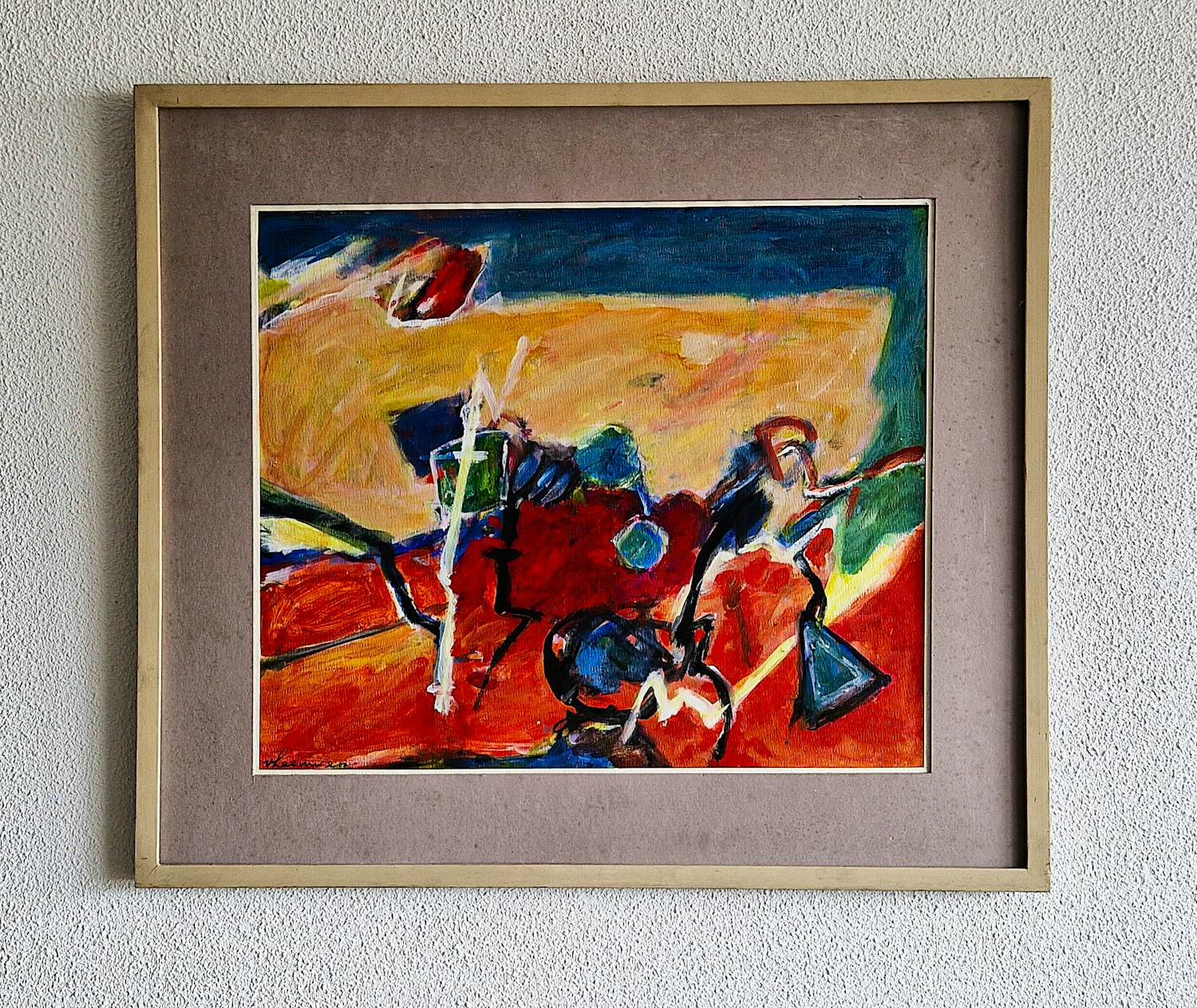 Wil van Leeuwen - Grote expressionistische gouache - "Boemerang" - fraai ingelijst - gesigneerd verkocht voor € 59!
