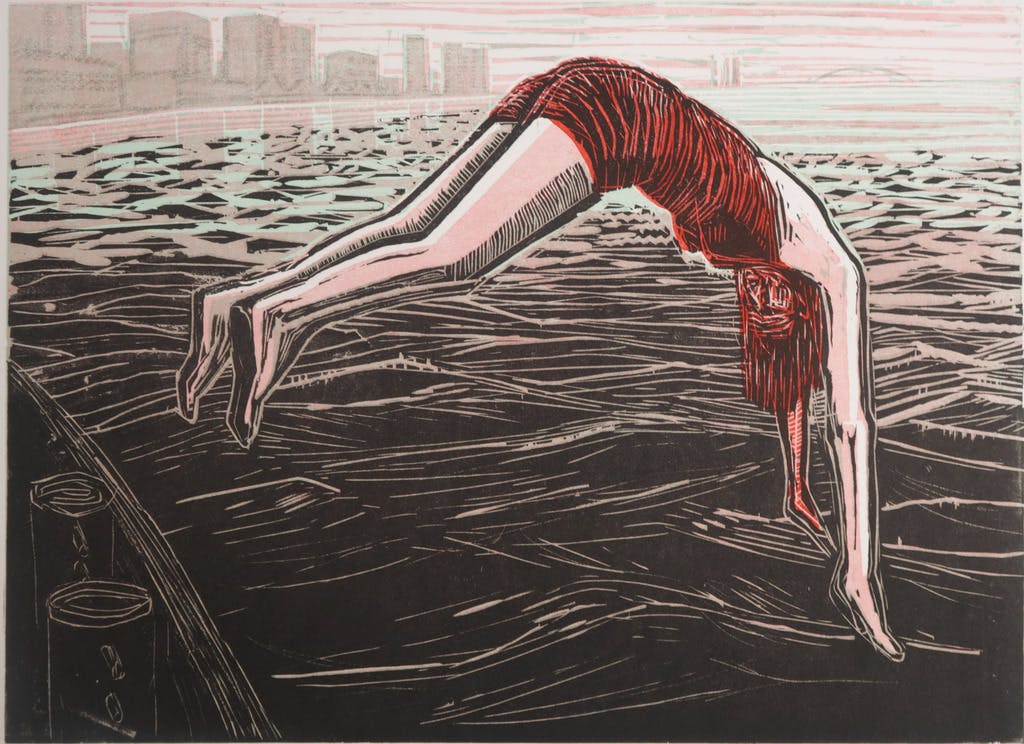 Wendelien Schonfeld - Wendelien Schonfeld: Houtsnede, Duikster verkocht voor € 71!