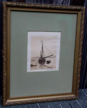 Hendrikus Roodenburg - Ingelijste ets: schip in de rivier kopen? Bied vanaf 20!