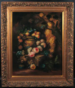 Niet of onleesbaar gesigneerd - Olieverf op doek, Stilleven met fruit en bloemen - Ingelijst (Groot) kopen? Bied vanaf 1!