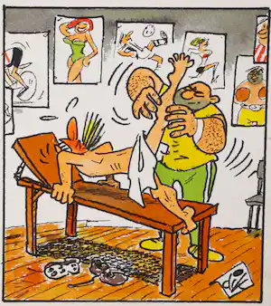 Dik Bruynesteyn - originele tekening 'Uit de dug-out, de masseur' verkauft für € 50!