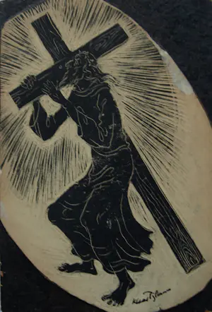Klaas Pijlman - Linosnede en inkt , Christus met kruis kopen? Bied vanaf 20!