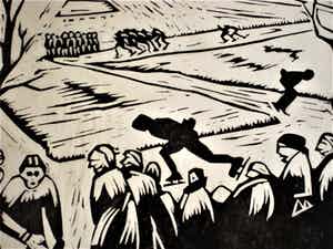 Hendrik van der Horst - UNIEK GRAFIEK! Grote Sport-Linosnede "de barre Elfstedentocht 1963" verkocht voor € 10!