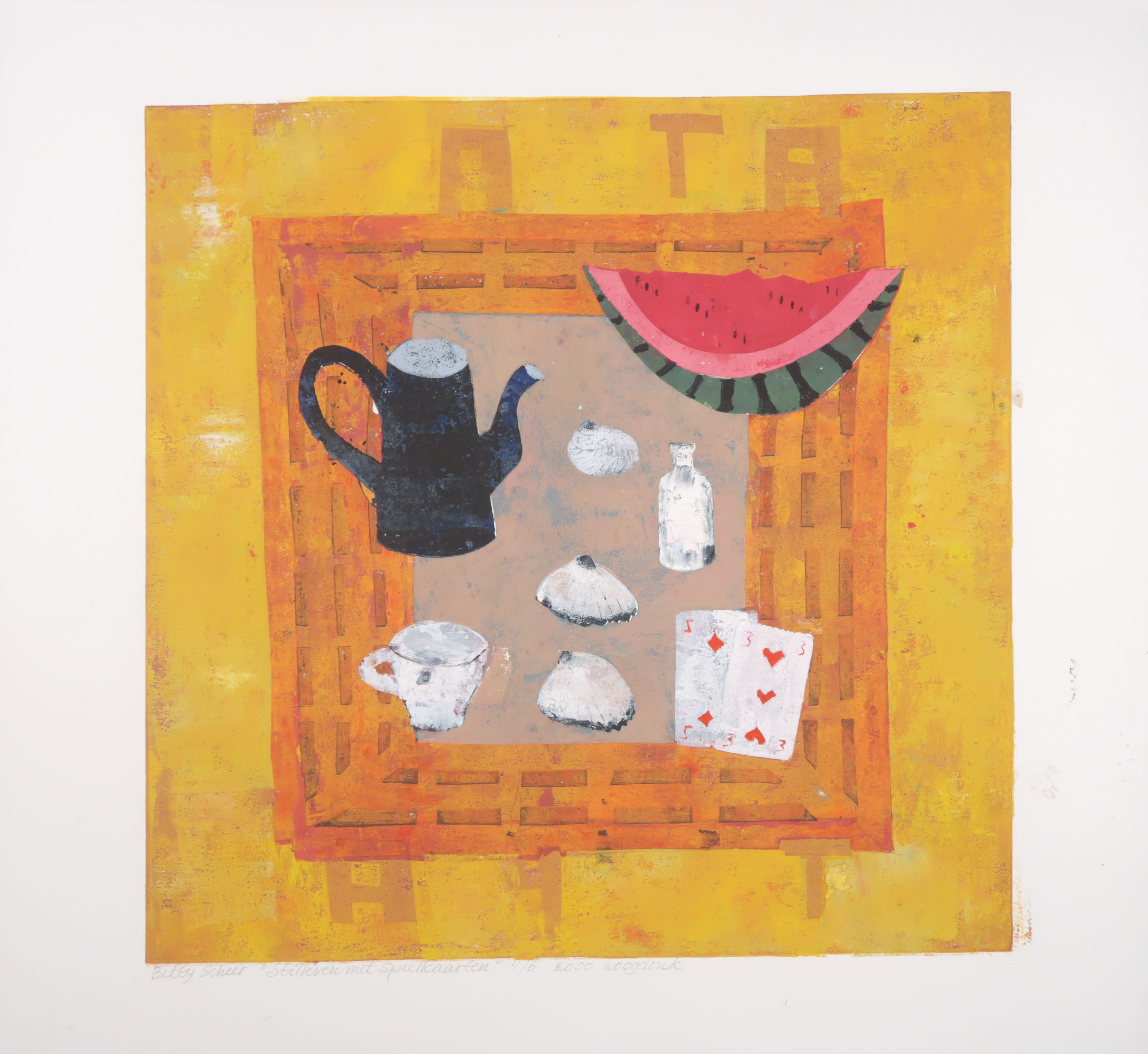 Betty Scheer - Linosnede, Stilleven met speelkaarten kopen? Bied vanaf 50!