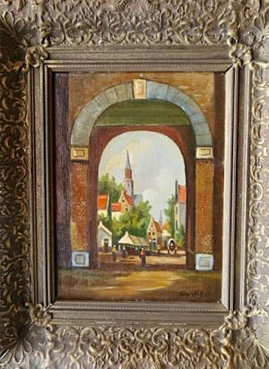 Niet of onleesbaar gesigneerd - Middeleeuwse Stadspoort Amsterdam met figuren - handgesigneerd: T. Guth? kopen? Bied vanaf 1!