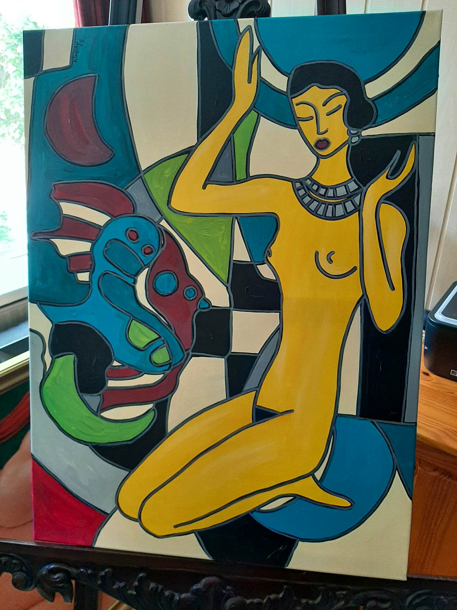 Patricia Kleyman - Acryl op doek. Titel,Une belle Histoire entre la Jeune fille Nue et le Poisson verkocht voor € 160!