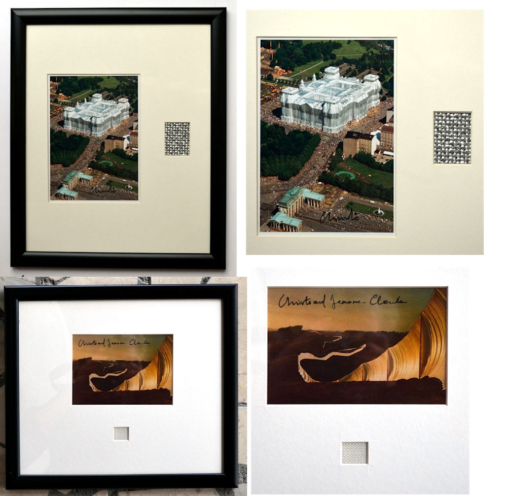 Christo - 2 kaders collages- handgesigneerd Reichstag en Running Fenche verkocht voor € 140!