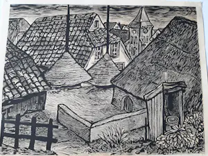 Lou Strik - 2 Houtsnede, Short People gesigneerd, dorpsgezicht druk gesigneerd. kopen? Bied vanaf 40!