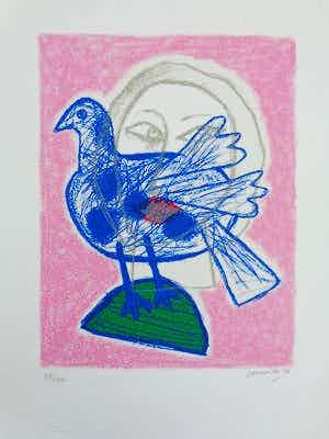 Corneille - BLAUWE VOGEL & VROUW / KLEURLITHO / 47x37cm / SIG / 1994 verkocht voor € 110!