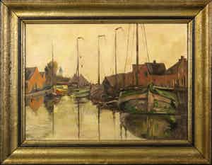 Riek Heesen - Olieverf op doek, Havengezicht - Ingelijst verkocht voor € 1!