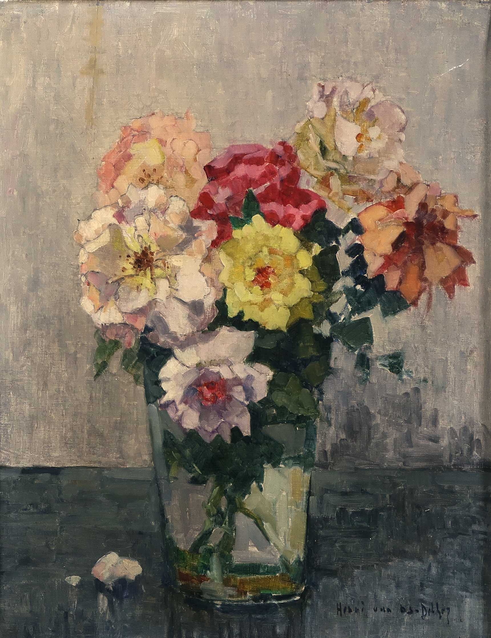 Henri van Os-Delhez - Olieverf op doek, Rozen - Ingelijst kopen? Bied vanaf 1!