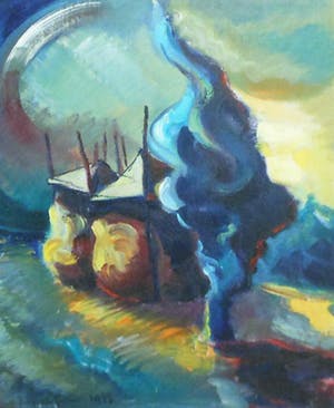 Johann Gutlich - landschap met 2 hooimijten en cyprus kopen? Bied vanaf 100!