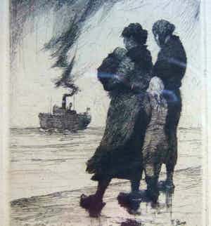 Kurt Peiser - - Ets - Vissersvrouwen wachtend op de kade - Handgesigneerd verkocht voor € 40!