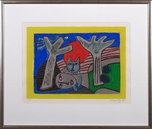 Corneille - Zeefdruk, Complicité entre la femme et l'oiseau - Ingelijst kopen? Bied vanaf 150!