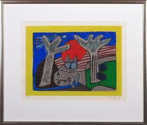 Corneille - Zeefdruk, Complicité entre la femme et l'oiseau - Ingelijst verkocht voor € 150!