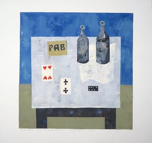 Betty Scheer - Linosnede, Tafel met speelkaarten kopen? Bied vanaf 1!