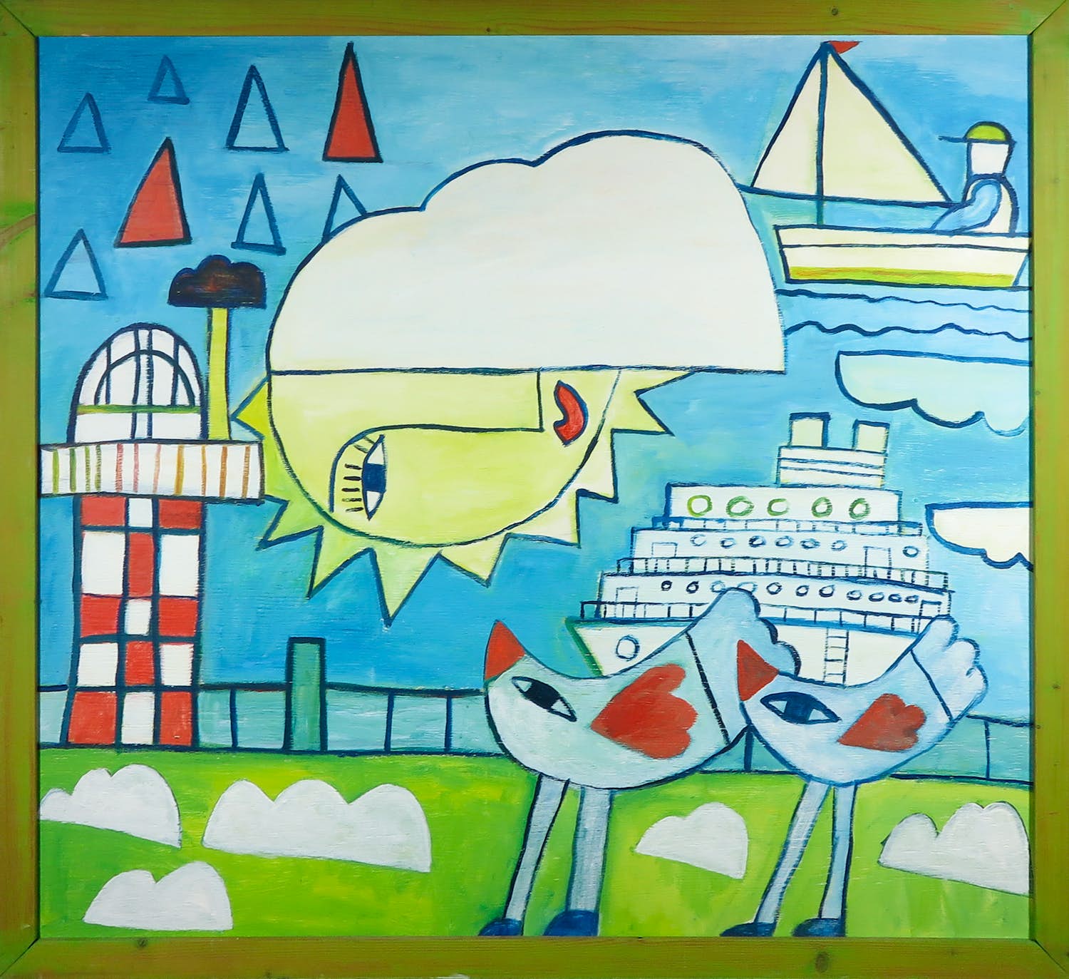 Hannes Kuiper - Acryl op paneel, Vijf wolken zweven over de kade van het blauw - Ingelijst (Zeer verkocht voor € 200!