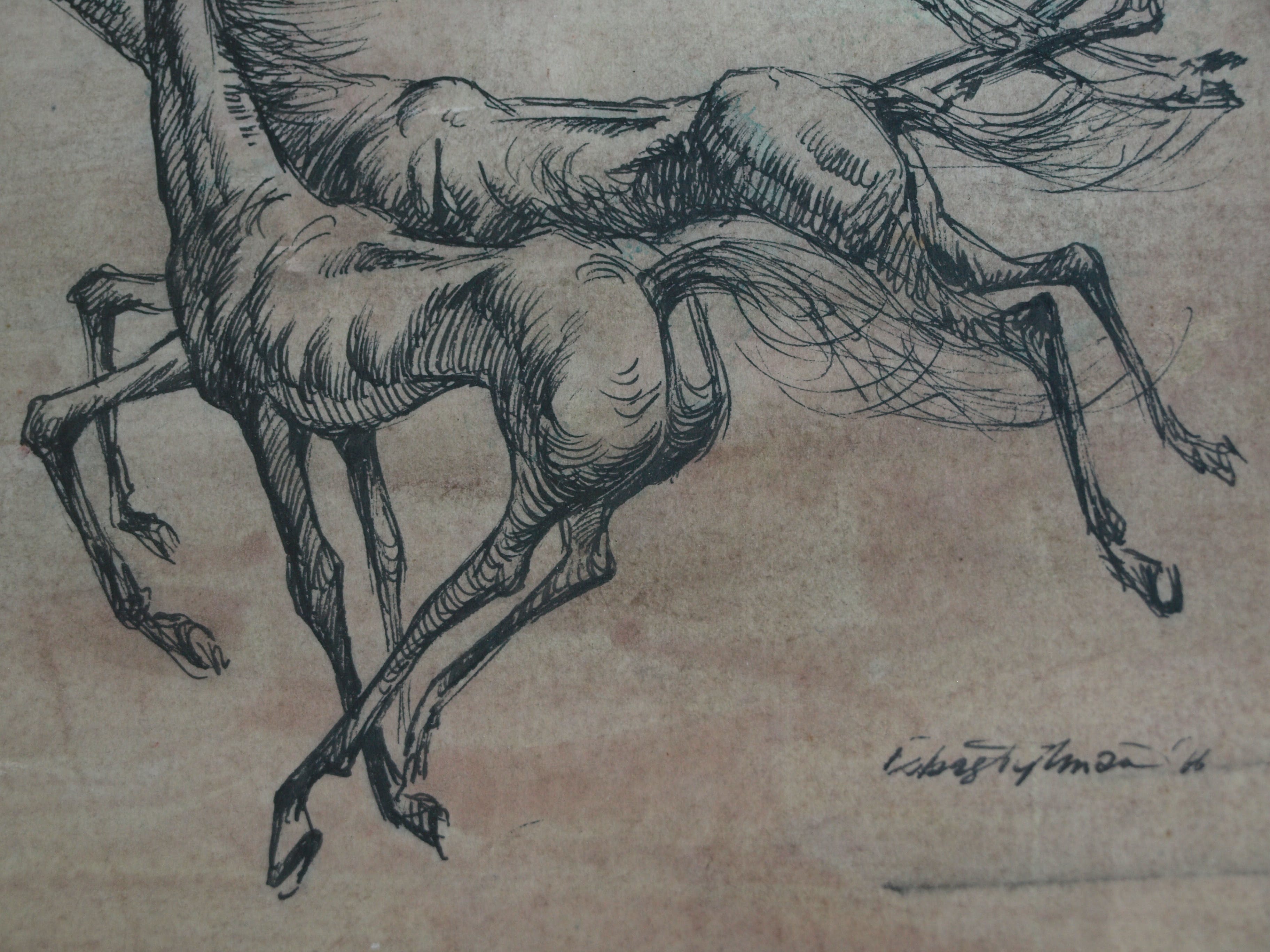 Klaas Pijlman - Pentekening , 3 Paarden – gesigneerd & ingelijst – 1966 kopen? Bied vanaf 35!