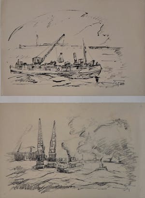 Wim Motz - 2 tekeningen van Rotterdamse havengezichten kopen? Bied vanaf 50!
