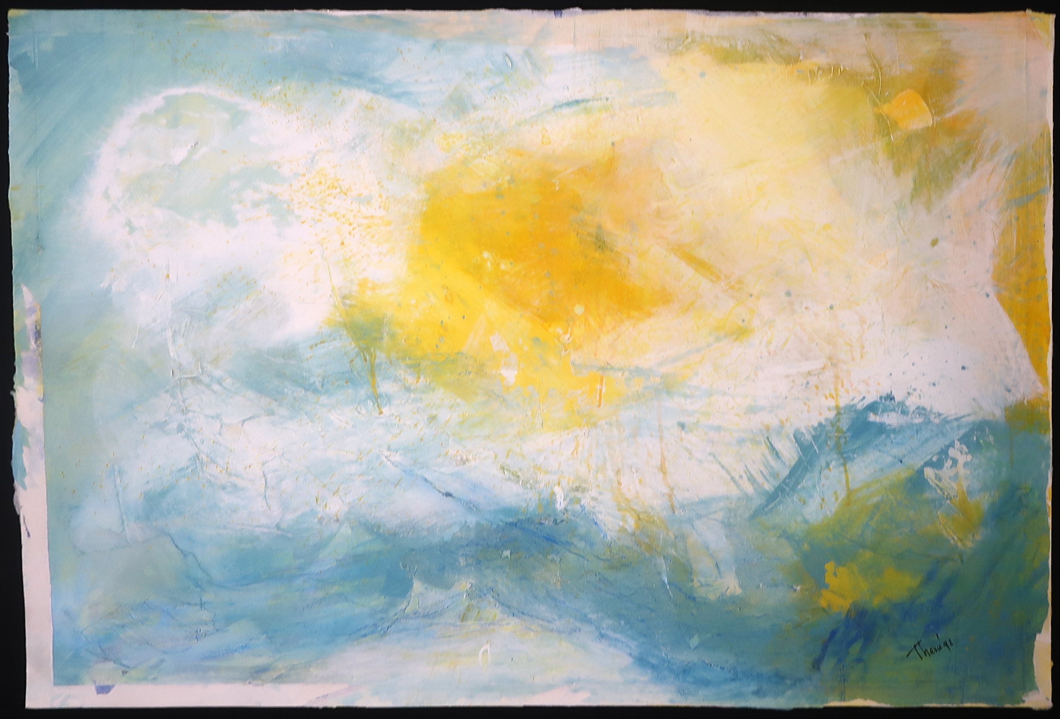 Niet of onleesbaar gesigneerd - Gemengde technieken op papier, Krijt en collage, Compositie blauw, geel en wit kopen? Bied vanaf 1!