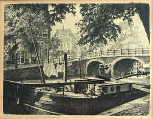 Maarten Langbroek - Ets, Prinsengracht, Amsterdam – ingelijst – ca 1965 verkocht voor € 1!