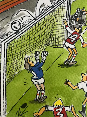 Dik Bruynesteyn - originele tekening 'Spanning en sensatie, de bal op de lat' kopen? Bied vanaf 85!