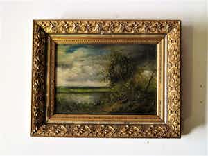 Niet of onleesbaar gesigneerd - Gesigneerd 19e Eeuws Haagse School olieverf "Landschap" in SALA lijst! verkocht voor € 1!