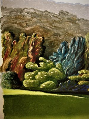 Erna van Mondfrans - Magnifiek pointillistisch Pastel "Landschap Arriege Frankrijk" gesigneerd - kopen? Bied vanaf 40!