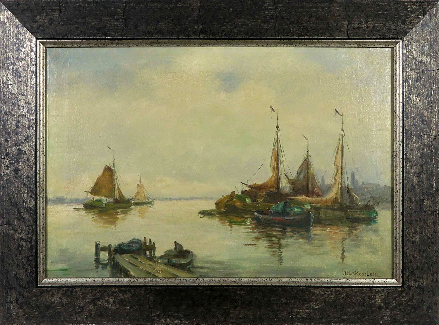 J.M.W. Kessler - Olieverf op doek, Steiger met boten verkocht voor € 50!