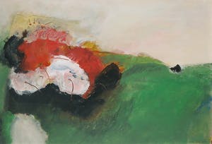 Eugenie Sassen - Olieverf op papier, Landschap met rood - Ingelijst kopen? Bied vanaf 50!